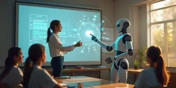 A robot and a teacher interact in a classroom, with students observing. A futuristic digital display is projected onto a screen in the background.