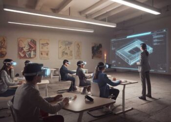 Students wearing VR headsets sit in a classroom, watching a teacher who is presenting a 3D architectural model projected on a screen.
