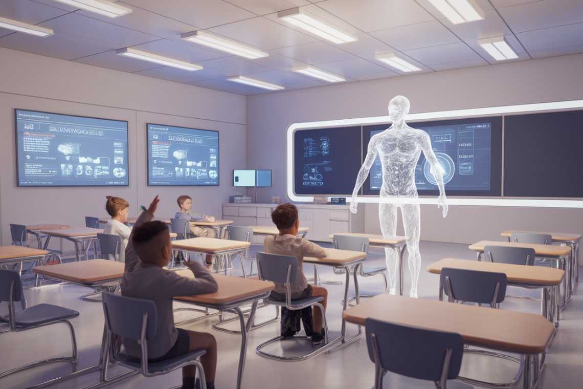 A classroom with students seated at desks, a translucent holographic figure at the front, and digital screens displaying information on the walls.