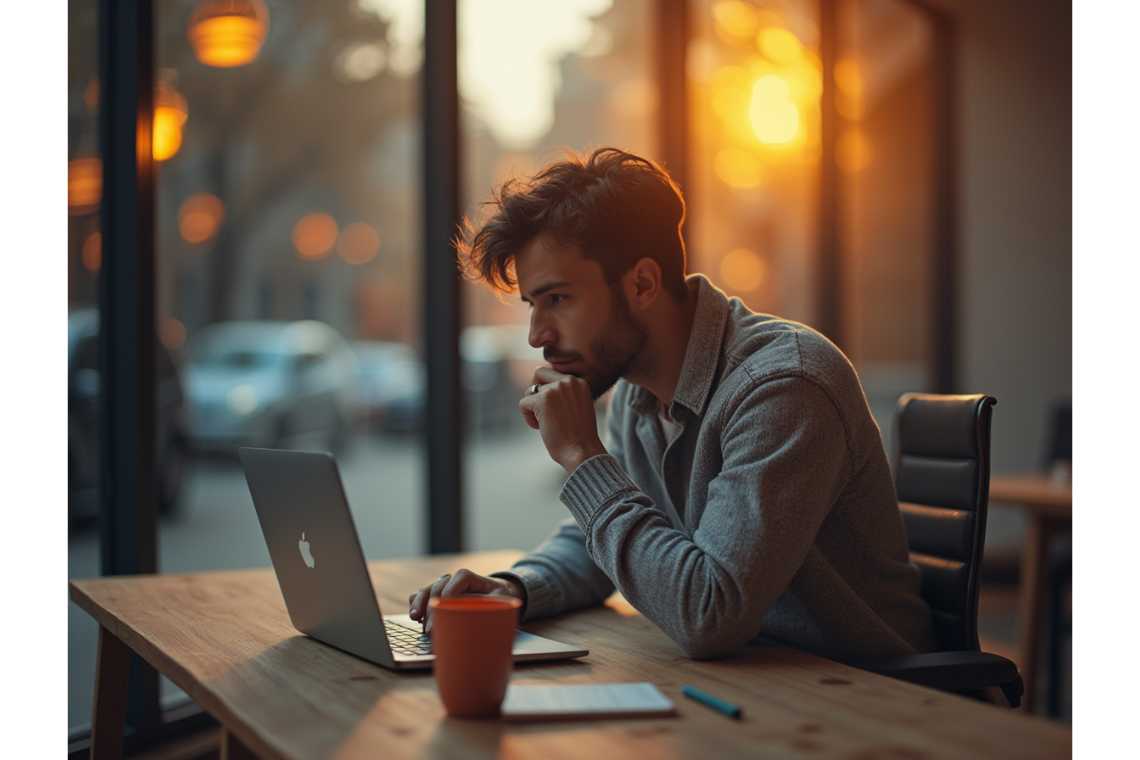 A man in a sweater works on his laptop at a wooden table, sipping from a cup and jotting notes, all while enjoying the sunset through large windows that frame the street. Perhaps he's preparing "A Practical Guide for Teachers on How to Automate Classroom Tasks with AI Tools.
