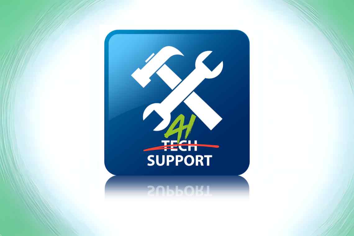 Blue square icon with white hammer and wrench crossed. The text "TECH SUPPORT" is crossed out with "AI" written above it.