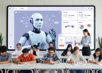 Students sitting at desks taking notes, while a teacher stands beside a large screen displaying a robot. Classroom setting with a focus on technology.