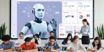 Students sitting at desks taking notes, while a teacher stands beside a large screen displaying a robot. Classroom setting with a focus on technology.