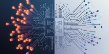 An abstract image depicting a microchip at the center; left side with glowing nodes and fibers, right side with circuit lines and blue dots.