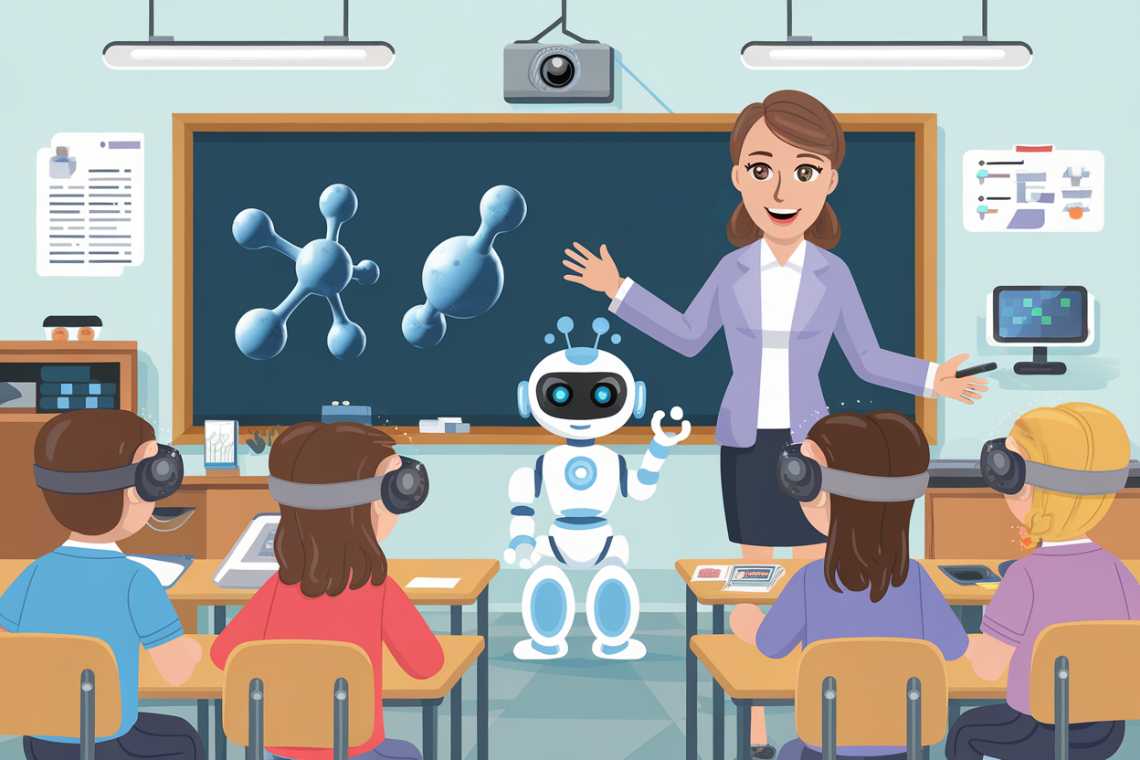A teacher and a robot instruct a classroom of students using virtual reality headsets, with molecular models displayed on a digital board.