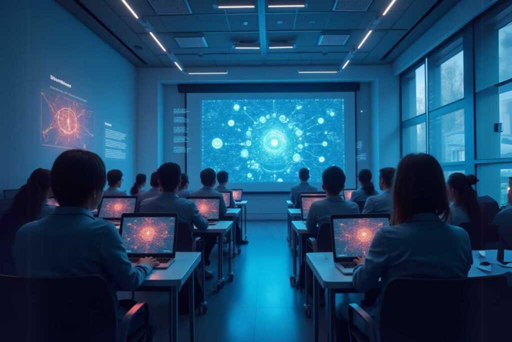 A classroom with students sitting at desks using laptops. A large screen displays a digital network visualization at the front of the room.