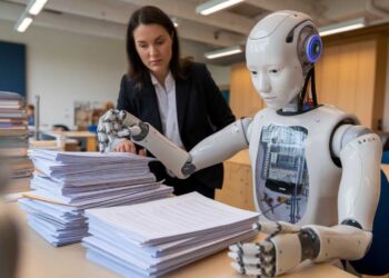 A woman in business attire observes a humanoid robot sorting through a stack of papers in an office setting.
