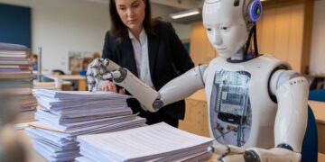 A woman in business attire observes a humanoid robot sorting through a stack of papers in an office setting.
