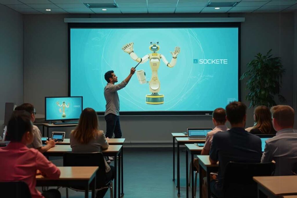 A person presents a robotic design on a screen to an audience in a classroom setting. Attendees sit at desks with laptops and tablets.
