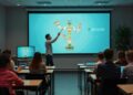 A person presents a robotic design on a screen to an audience in a classroom setting. Attendees sit at desks with laptops and tablets.