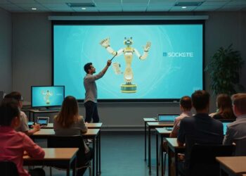 A person presents a robotic design on a screen to an audience in a classroom setting. Attendees sit at desks with laptops and tablets.