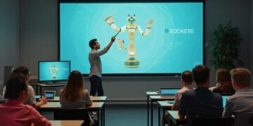 A person presents a robotic design on a screen to an audience in a classroom setting. Attendees sit at desks with laptops and tablets.