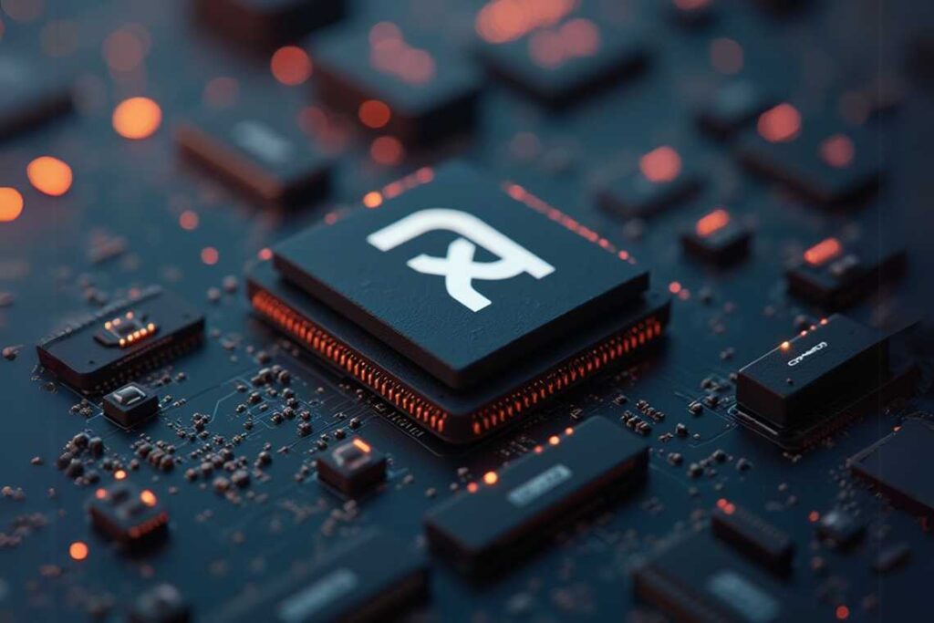 Close-up of a computer motherboard featuring a prominent chip with a stylized "RX" logo, surrounded by glowing orange elements against a blurred background.