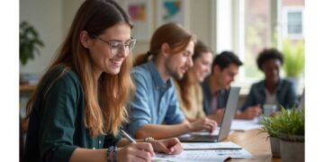 A group of people is sitting at a wooden table, using a laptop and working on papers, all in the bright room filled with plants and natural light. They're exploring how to create flashcards with AI to enhance their study techniques.