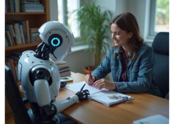 A woman in a denim jacket smiles while writing in a notebook, sitting opposite a humanoid robot in an office setting with bookshelves and a potted plant.