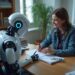 A woman in a denim jacket smiles while writing in a notebook, sitting opposite a humanoid robot in an office setting with bookshelves and a potted plant.