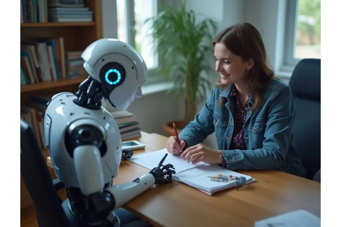 AI Study Assistant: Revolutionizing Learning for Students A woman in a denim jacket smiles while writing in a notebook, sitting opposite a humanoid robot in an office setting with bookshelves and a potted plant.