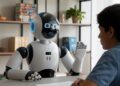A humanoid robot with a digital face interacts with a seated person in a room with shelves and books.
