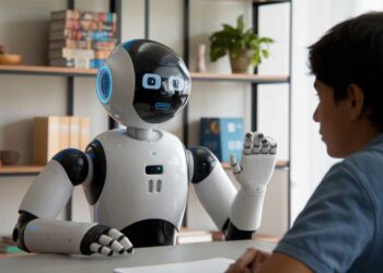 A humanoid robot with a digital face interacts with a seated person in a room with shelves and books.