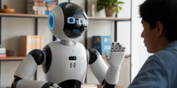 A humanoid robot with a digital face interacts with a seated person in a room with shelves and books.
