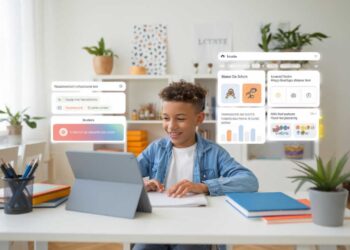 A boy sits at a desk, using a tablet. Various digital graphs and charts are projected around him. Books and stationery are on the desk, and a plant is in the background.