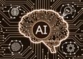 An illustration of a brain with "AI" in the center, surrounded by icons of gears, a light bulb, and a microchip, with circuit lines in the background.