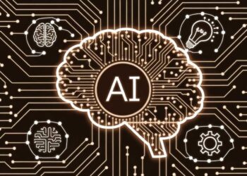An illustration of a brain with "AI" in the center, surrounded by icons of gears, a light bulb, and a microchip, with circuit lines in the background.