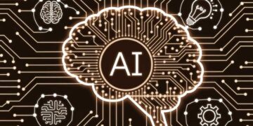 An illustration of a brain with "AI" in the center, surrounded by icons of gears, a light bulb, and a microchip, with circuit lines in the background.