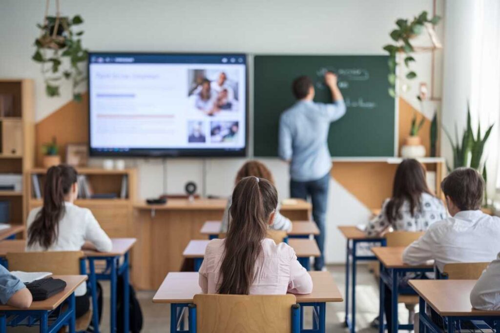 A teacher writes on a chalkboard while students sit at desks facing forward in a classroom setting. A large monitor displays a webpage.