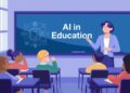 Artificial Intelligence in Education: How Teachers Can Use AI in the Classroom A teacher stands by a chalkboard labeled "AI in Education," addressing four students seated at desks in a classroom setting.