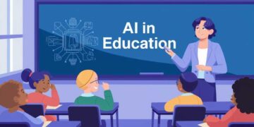 A teacher stands by a chalkboard labeled "AI in Education," addressing four students seated at desks in a classroom setting.