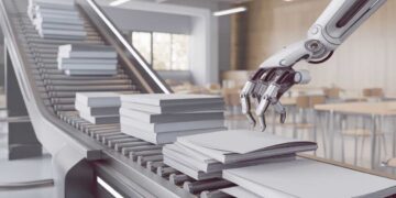 A robotic arm places books on a conveyor belt in a modern, well-lit room.