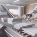 A robotic arm places books on a conveyor belt in a modern, well-lit room.