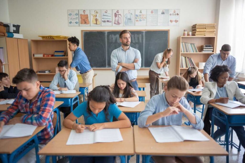 Students sitting at desks in a classroom, working on assignments. A teacher stands at the front with arms crossed. There's a chalkboard and educational posters on the wall.