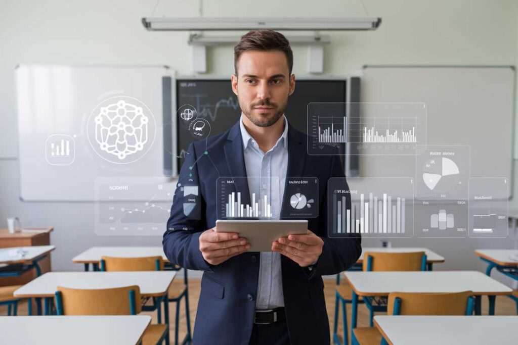 A man in a suit holds a tablet in a classroom. Digital graphs and charts are overlaid in the air around him.