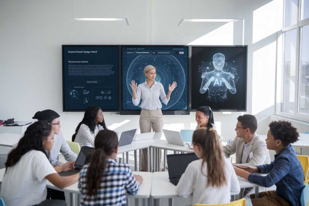 A teacher presents to students seated in a U-shaped desk arrangement in a classroom, with digital screens displaying AI-related graphics in the background.