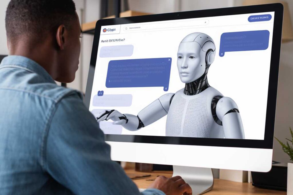 Person using a computer screen displaying a futuristic humanoid robot with a chat interface.