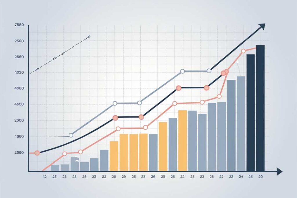 Line and bar graph with three lines and color-coded bars showing a rising trend from points 12 to 20 on the x-axis and values from 2560 to 7560 on the y-axis.