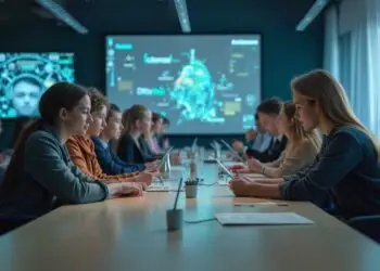 People in a conference room using tablets at a long table, with a large screen displaying data and images behind them.