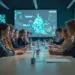 People in a conference room using tablets at a long table, with a large screen displaying data and images behind them.