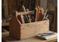 A wooden toolbox filled with various colored pencils and drawing tools rests on a wooden table in a workshop, reminiscent of the precision and creativity detailed in "How to Automate Classroom Tasks with AI Tools: A Practical Guide for Teachers.