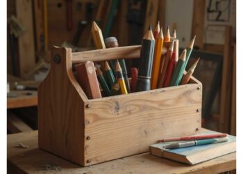 A wooden toolbox filled with various colored pencils and drawing tools rests on a wooden table in a workshop, reminiscent of the precision and creativity detailed in "How to Automate Classroom Tasks with AI Tools: A Practical Guide for Teachers.