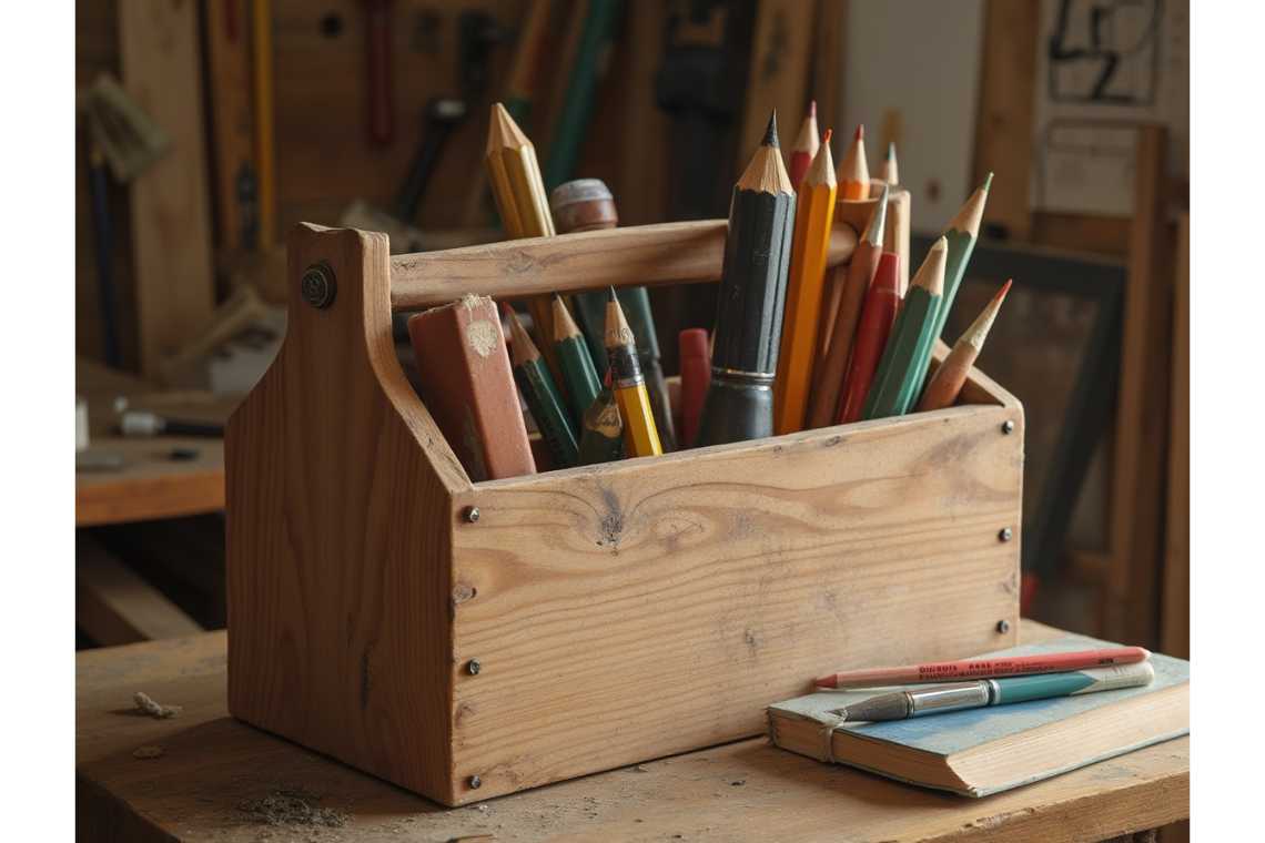 How to Automate Classroom Tasks with AI Tools: A Practical Guide for Teachers A wooden toolbox filled with various colored pencils and drawing tools rests on a wooden table in a workshop, reminiscent of the precision and creativity detailed in "How to Automate Classroom Tasks with AI Tools: A Practical Guide for Teachers.