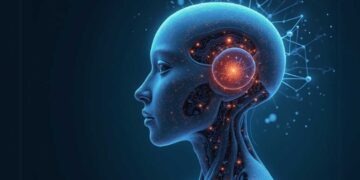 A digital artwork depicts a humanoid figure with a glowing brain and intricate circuitry, reflecting the essence of artificial intelligence. Connected nodes illustrate the seamless connectivity akin to cutting-edge Google AI Tools.