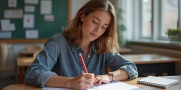 A woman in a denim shirt writes in a notebook while seated at a desk in a classroom. A chalkboard and a window are visible in the background.