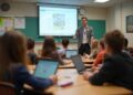 A teacher stands at the front of a classroom, gesturing while students sit at desks with laptops, focused on a presentation displayed on a screen.