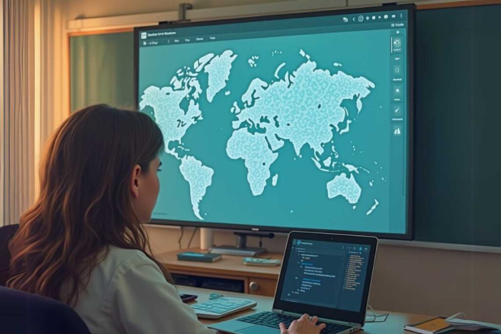 A woman sits at a desk using a laptop, facing a large screen displaying a digital map of the world in a classroom setting.