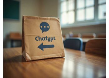 A paper bag with a logo and "Chatgpt" sits on a wooden table in a classroom.