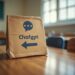 A paper bag with a logo and "Chatgpt" sits on a wooden table in a classroom.