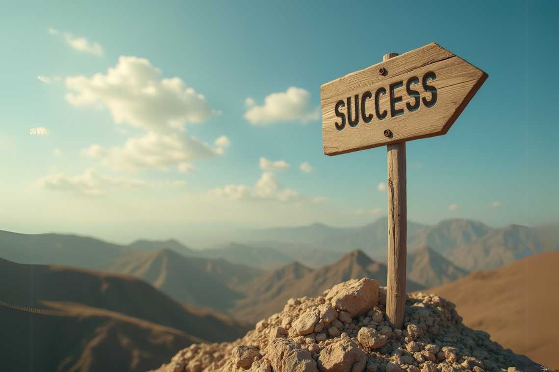 A wooden sign labeled "Success" stands on a rocky mound, pointing towards a distant mountain landscape under a cloudy sky—much like how teachers navigate the path of learning, perhaps guided by tools like "How to Automate Classroom Tasks with AI.